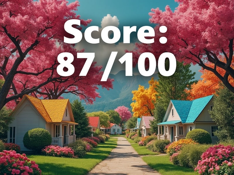 Scenic suburban neighborhood with colorful homes and blooming trees, overlaid with a score of 87/100, illustrating Maptimum's Desirability Score.