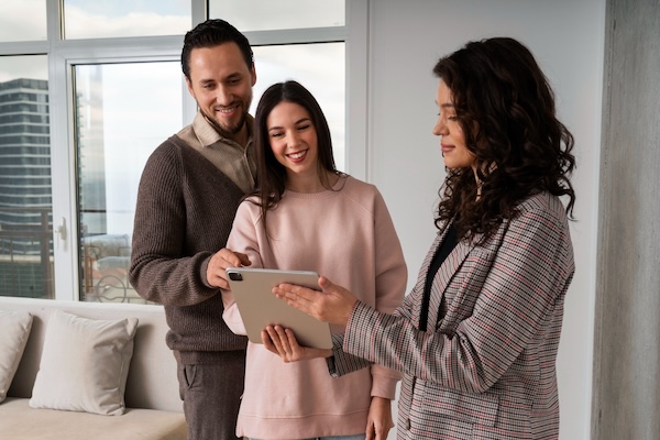 Real estate agent discussing neighborhood details with clients